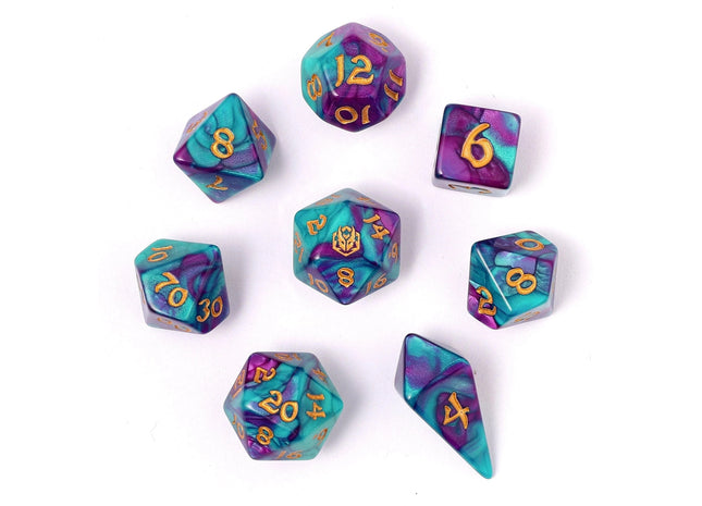 Gamers Guild AZ HYMGHO HYMGHO Dice: HY02001 Wyrmforged Rollers - Rounded Edge 8 Piece Polyhedral Dice set - Frostbloom HYMGHO