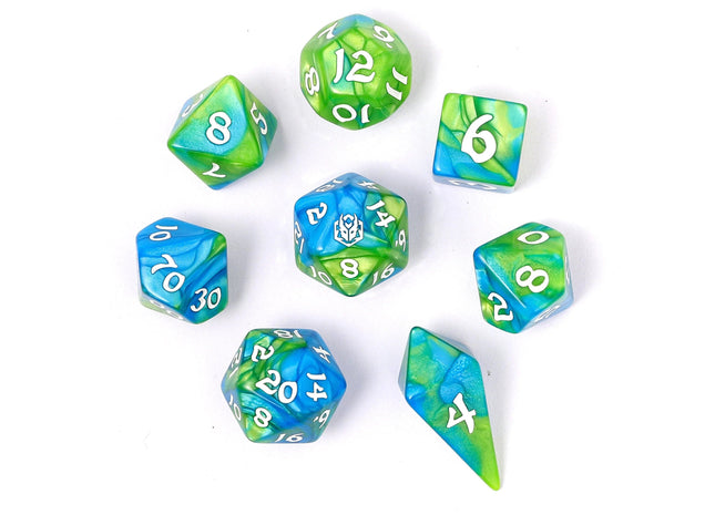 Gamers Guild AZ HYMGHO HYMGHO Dice: HY02015 Wyrmforged Rollers - Rounded Edge 8 Piece Polyhedral Dice set - Verdant Stream HYMGHO