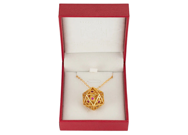 Gamers Guild AZ HYMGHO HYMGHO Dice: HYJ008  - Dragon's Eye D20 Necklace - Gold with Ruby Gems HYMGHO
