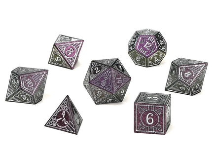 Gamers Guild AZ HYMGHO HYMGHO Dice - Metal Bard RPG Dice Set Glitter Purple w/Silver HYMGHO