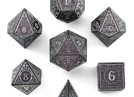 Gamers Guild AZ HYMGHO HYMGHO Dice - Metal Bard RPG Dice Set Glitter Purple w/Silver HYMGHO