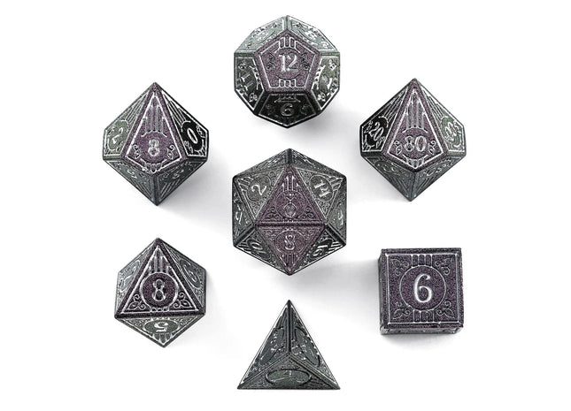 Gamers Guild AZ HYMGHO HYMGHO Dice - Metal Bard RPG Dice Set Glitter Purple w/Silver HYMGHO