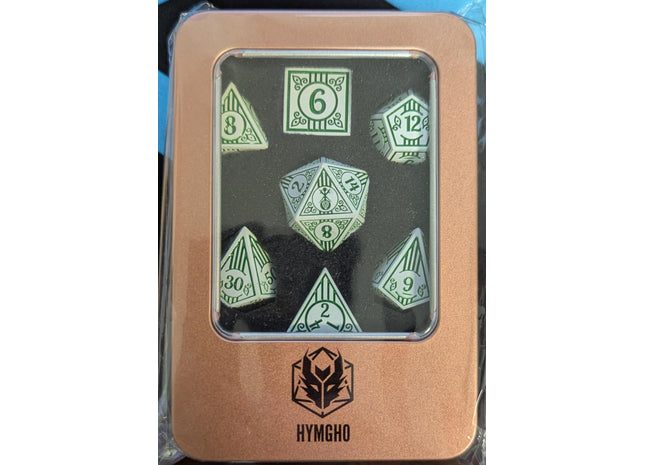 Gamers Guild AZ HYMGHO HYMGHO Dice - Metal Bard RPG Dice Set White w/Green HYMGHO