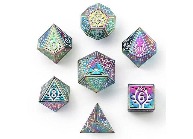 Gamers Guild AZ HYMGHO HYMGHO Dice - Metal Druid RPG Dice Set Rainbow w/White HYMGHO