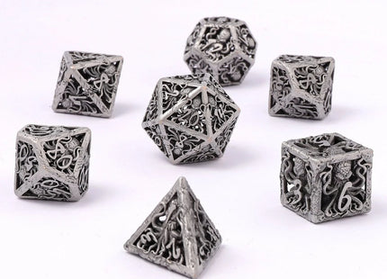 Gamers Guild AZ HYMGHO Lllithids Mind Cage Hollow Metal Dice Set - Ancient Silver HYMGHO