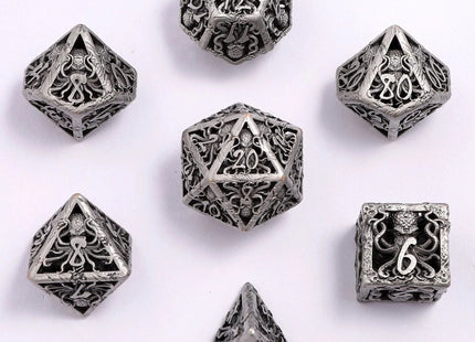 Gamers Guild AZ HYMGHO Lllithids Mind Cage Hollow Metal Dice Set - Ancient Silver HYMGHO