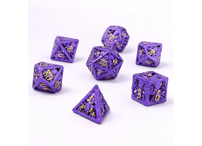 Gamers Guild AZ HYMGHO Lllithids Mind Cage Hollow Metal Dice Set - Purple w/Gold HYMGHO