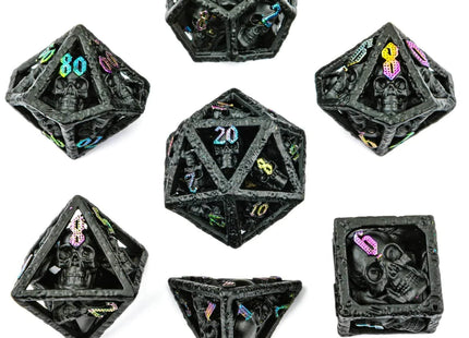 Gamers Guild AZ HYMGHO Skull's Grin Hollow Metal Dice Set - Black with Chromatic HYMGHO