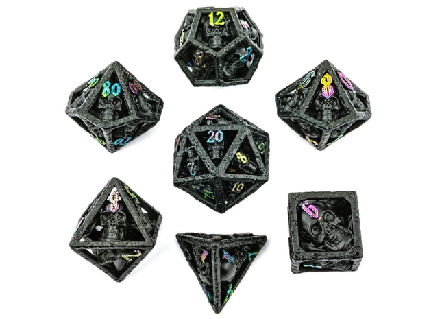 Gamers Guild AZ HYMGHO Skull's Grin Hollow Metal Dice Set - Black with Chromatic HYMGHO
