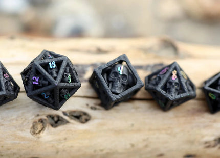 Gamers Guild AZ HYMGHO Skull's Grin Hollow Metal Dice Set - Black with Chromatic HYMGHO
