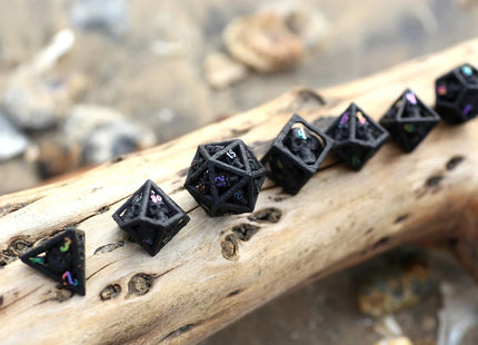 Gamers Guild AZ HYMGHO Skull's Grin Hollow Metal Dice Set - Black with Chromatic HYMGHO