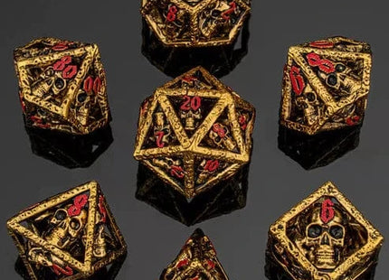 Gamers Guild AZ HYMGHO Skull's Grin Hollow Metal Dice Set - Gold with Red HYMGHO