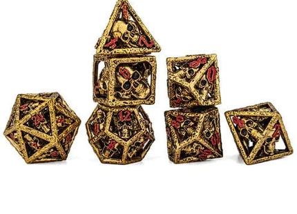 Gamers Guild AZ HYMGHO Skull's Grin Hollow Metal Dice Set - Gold with Red HYMGHO