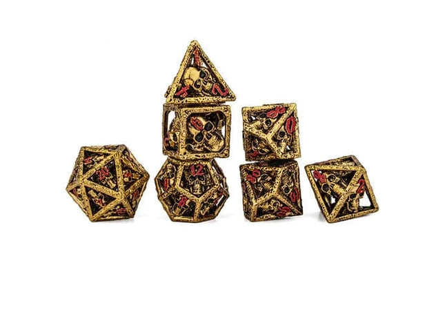 Gamers Guild AZ HYMGHO Skull's Grin Hollow Metal Dice Set - Gold with Red HYMGHO