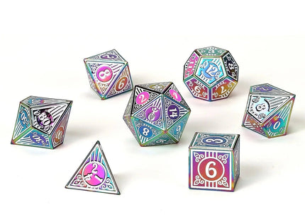 Gamers Guild AZ HYMGHO Solid Metal Bard Class RPG Dice Set - Rainbow w/White HYMGHO