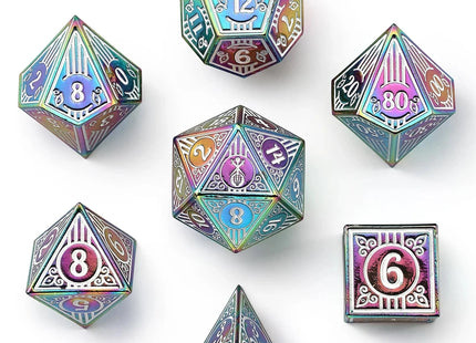 Gamers Guild AZ HYMGHO Solid Metal Bard Class RPG Dice Set - Rainbow w/White HYMGHO
