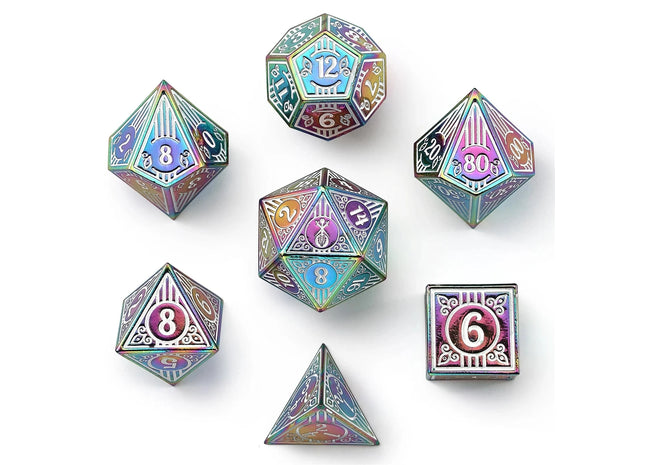 Gamers Guild AZ HYMGHO Solid Metal Bard Class RPG Dice Set - Rainbow w/White HYMGHO