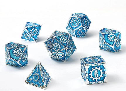 Gamers Guild AZ HYMGHO Solid Metal Cogcraft Dice Set - Silver W/Blue HYMGHO