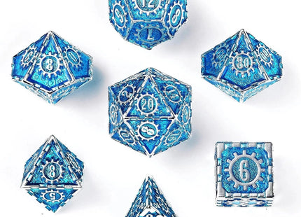 Gamers Guild AZ HYMGHO Solid Metal Cogcraft Dice Set - Silver W/Blue HYMGHO