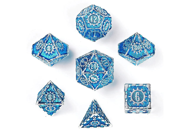 Gamers Guild AZ HYMGHO Solid Metal Cogcraft Dice Set - Silver W/Blue HYMGHO
