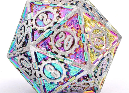Gamers Guild AZ HYMGHO Solid Metal Gear Dice Polyhedral Dice Set - Matte Silver with Rainbow HYMGHO