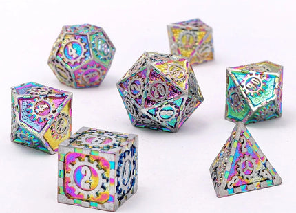 Gamers Guild AZ HYMGHO Solid Metal Gear Dice Polyhedral Dice Set - Matte Silver with Rainbow HYMGHO