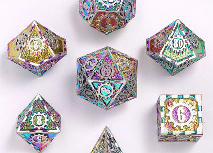 Gamers Guild AZ HYMGHO Solid Metal Gear Dice Polyhedral Dice Set - Matte Silver with Rainbow HYMGHO