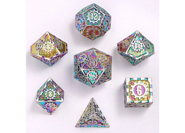 Gamers Guild AZ HYMGHO Solid Metal Gear Dice Polyhedral Dice Set - Matte Silver with Rainbow HYMGHO
