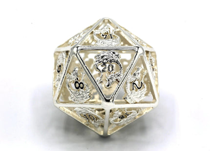 Gamers Guild AZ HYMGHO Titan Hollow Metal Dragon D20 - 55mm Silver w/ Black Numbers HYMGHO