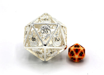 Gamers Guild AZ HYMGHO Titan Hollow Metal Dragon D20 - 55mm Silver w/ Black Numbers HYMGHO