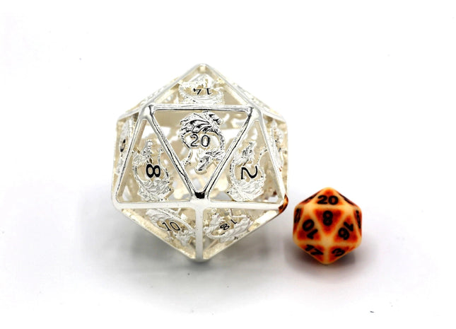 Gamers Guild AZ HYMGHO Titan Hollow Metal Dragon D20 - 55mm Silver w/ Black Numbers HYMGHO