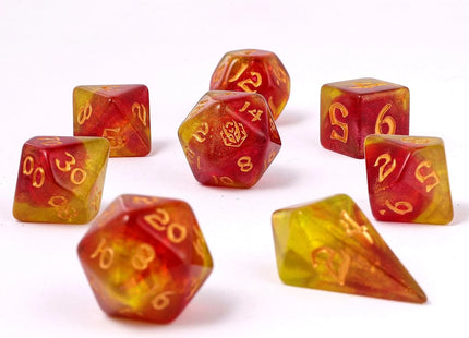 Gamers Guild AZ HYMGHO Wyrmforged Rollers - Rounded Edge 8 Piece Polyhedral Dice Set - Phoenix Feather HYMGHO