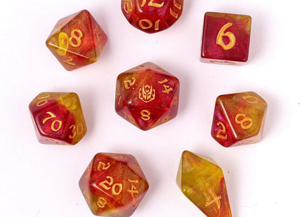 Gamers Guild AZ HYMGHO Wyrmforged Rollers - Rounded Edge 8 Piece Polyhedral Dice Set - Phoenix Feather HYMGHO