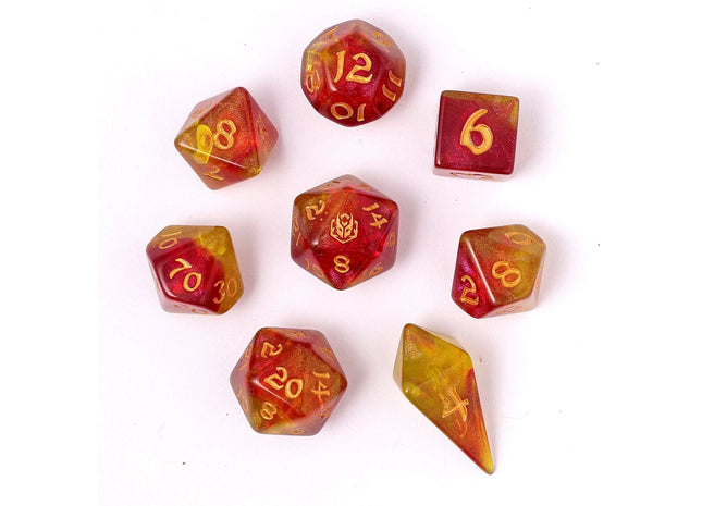 Gamers Guild AZ HYMGHO Wyrmforged Rollers - Rounded Edge 8 Piece Polyhedral Dice Set - Phoenix Feather HYMGHO