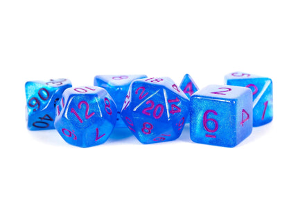 Gamers Guild AZ Metallic Dice Games 16mm Acrylic Polyhedral Dice Set: Stardust Blue w/ Purple Numbers Metallic Dice Games