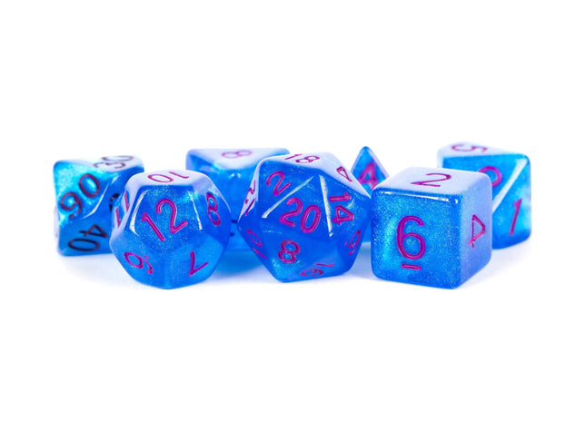 Gamers Guild AZ Metallic Dice Games 16mm Acrylic Polyhedral Dice Set: Stardust Blue w/ Purple Numbers Metallic Dice Games