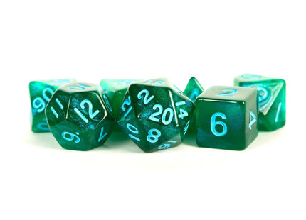 Gamers Guild AZ Metallic Dice Games 16mm Acrylic Polyhedral Dice Set: Stardust Green w/ Blue Numbers Metallic Dice Games