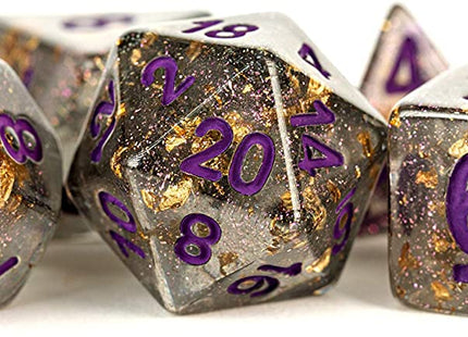 Gamers Guild AZ Metallic Dice Games 7-Die Set 16mm: Gray with Gold Foil and Purple Numbers Metallic Dice Games