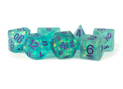 Gamers Guild AZ Metallic Dice Games 7-Die Set 16mm: Icy Opal - Teal with Purple Numbers Metallic Dice Games