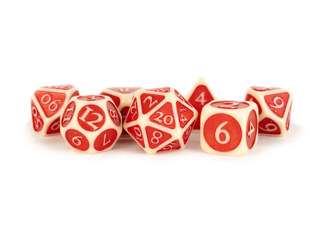 Gamers Guild AZ Metallic Dice Games 7-Die Set 16mm: Ivory with Red Enamel Metallic Dice Games