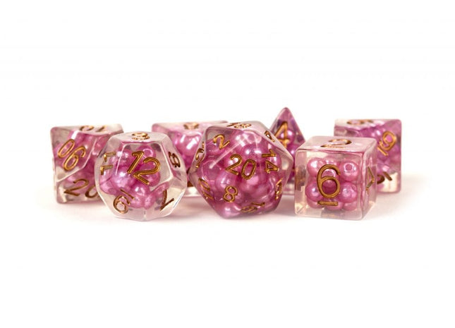 Gamers Guild AZ Metallic Dice Games 7-Die Set 16mm: Pearl - Pink with Copper Numbers Metallic Dice Games