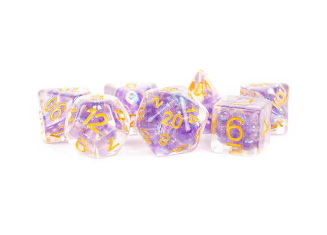 Gamers Guild AZ Metallic Dice Games 7-Die Set 16mm: Pearl - Purple with Gold Numbers Metallic Dice Games