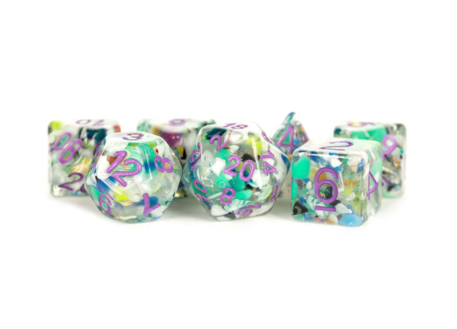 Gamers Guild AZ Metallic Dice Games 7-Die Set 16mm: Recycled Dice with Purple Numbers Metallic Dice Games