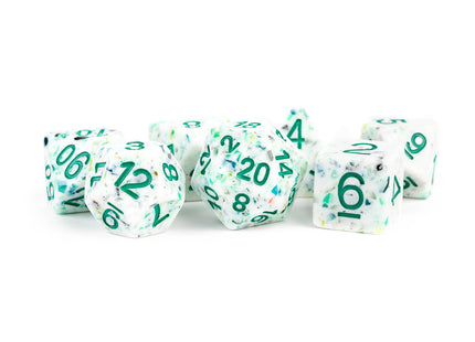 Gamers Guild AZ Metallic Dice Games 7-Die Set 16mm: Recycled Rainbow Dice with Green Numbers Metallic Dice Games