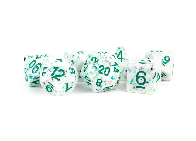 Gamers Guild AZ Metallic Dice Games 7-Die Set 16mm: Recycled Rainbow Dice with Green Numbers Metallic Dice Games