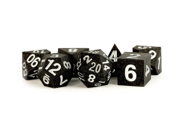 Gamers Guild AZ Metallic Dice Games 7-Die Set 16mm: Sharp Edge Silicone Dice - Gold Scatter - Black Friday AGD