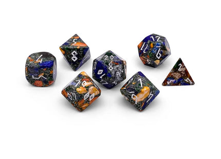 Gamers Guild AZ Norse Foundry Norse Foundry - Bronzite Lapis with Orange Imperial Jasper - 7 Piece RPG Set TruStone Dice Norse Foundry