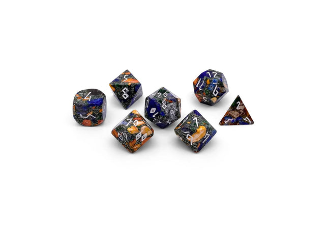 Gamers Guild AZ Norse Foundry Norse Foundry - Bronzite Lapis with Orange Imperial Jasper - 7 Piece RPG Set TruStone Dice Norse Foundry
