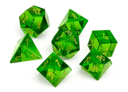 Gamers Guild AZ Norse Foundry Norse Foundry: Glass Dice - Zircon Emerald, Gold Font (7pc Set) Norse Foundry