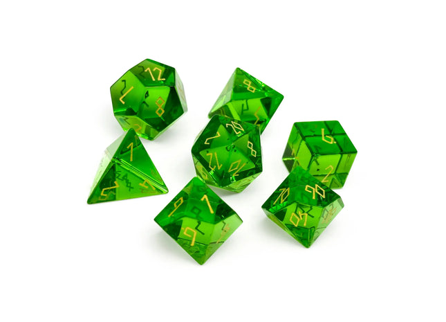 Gamers Guild AZ Norse Foundry Norse Foundry: Glass Dice - Zircon Emerald, Gold Font (7pc Set) Norse Foundry